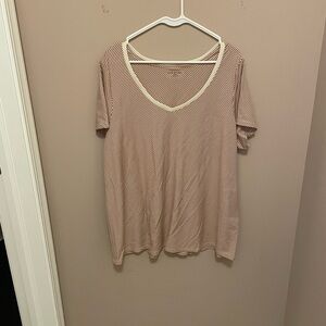 Lane Bryant Cream and Brown Striped V-Neck Tee